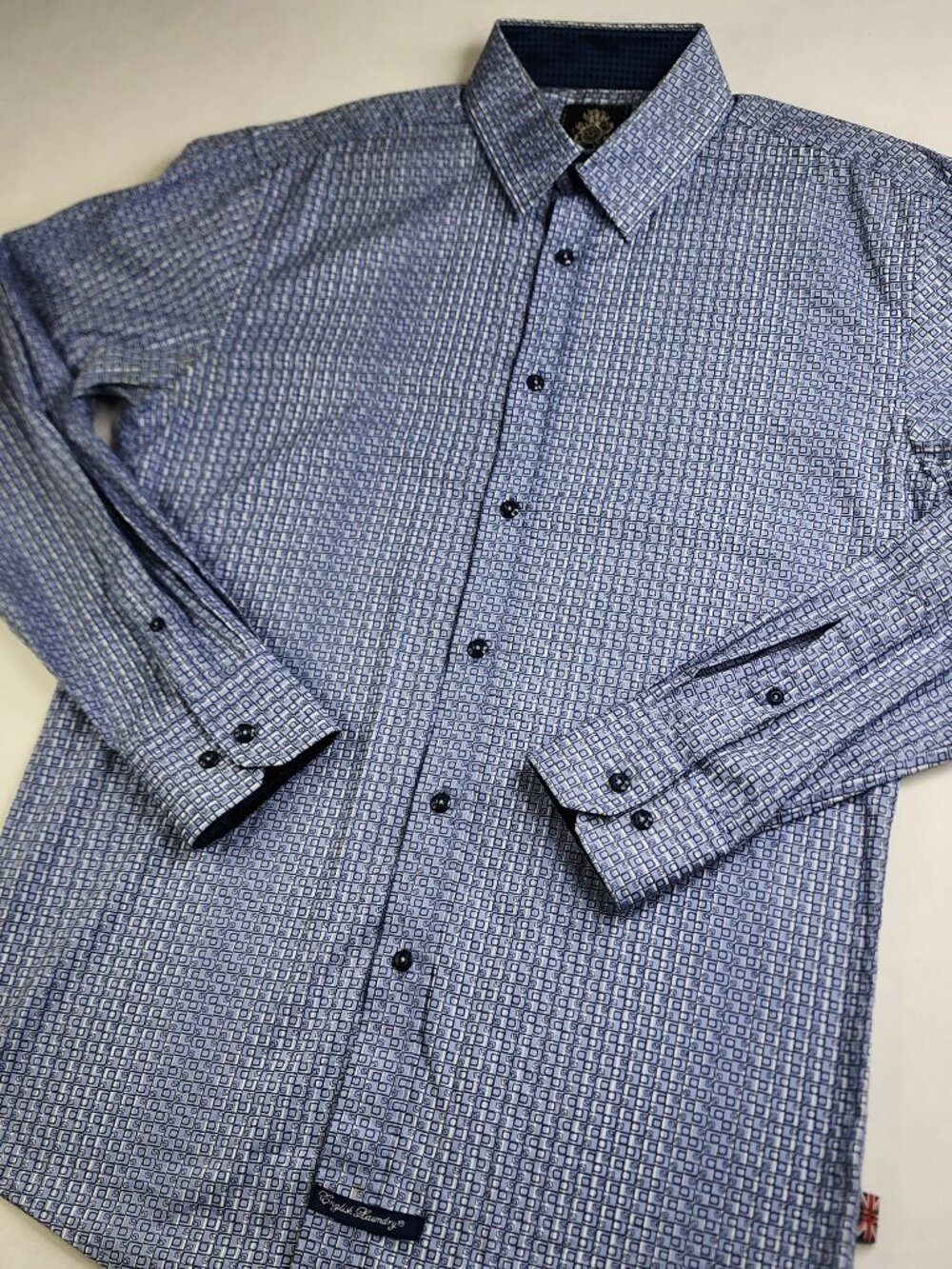 FLAW English Laundry Mens M Blue Stretch Geo Button Down Short Sleeve Cotton Y2K